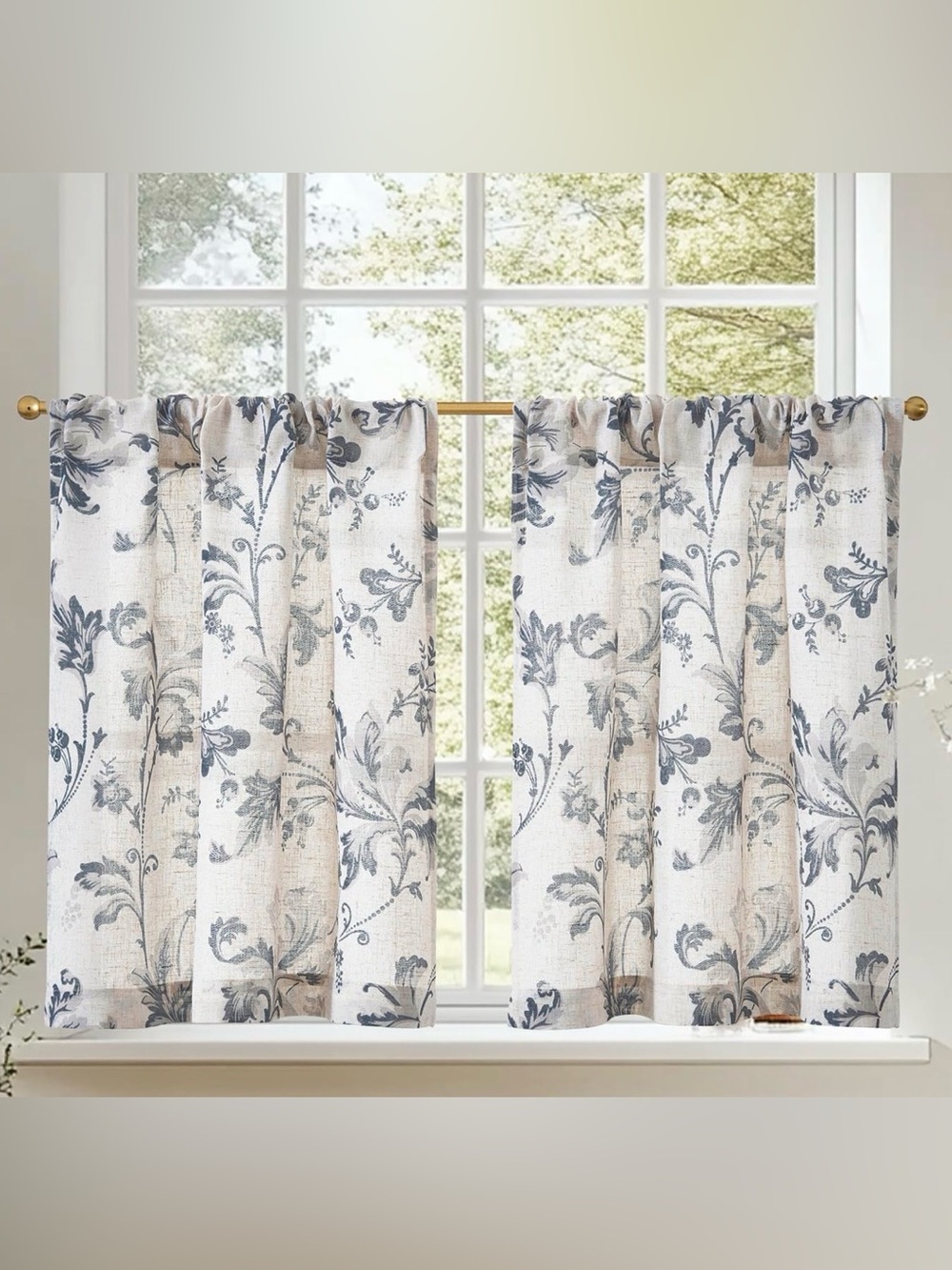 Classic Floral Print Cafe Curtains - Blue on Cream